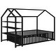 preview thumbnail 10 of 10, Black Full Size House Bed for Kids, Metal Montessori Floor Bed Frame with Fence for Boys, Girls, Detachable Storage Shelves