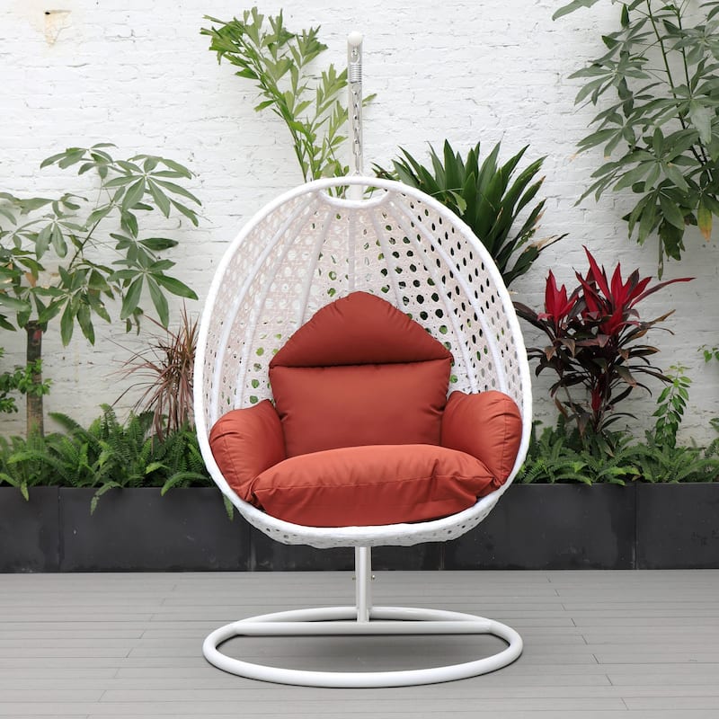 Patio Hanging Egg Swing Chair with White Wicker Shell and Iron Frame for Indoor Outdoor Patio Porch Garden Backyard