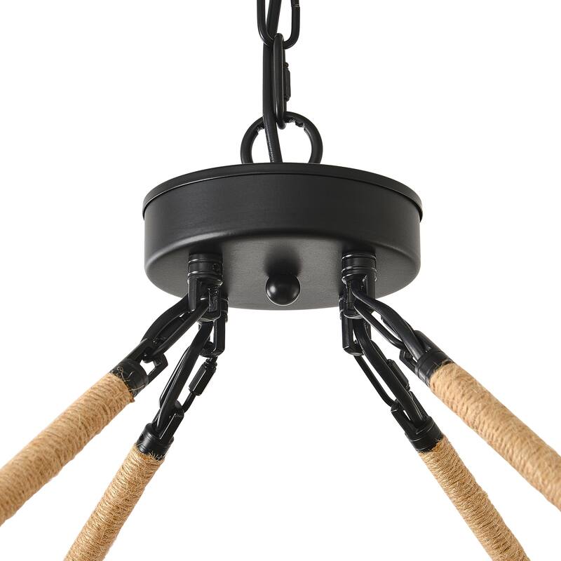 Modern Rustic Wagon Wheel Chandelier with Clear Glass Shades & Hemp Rope Accents