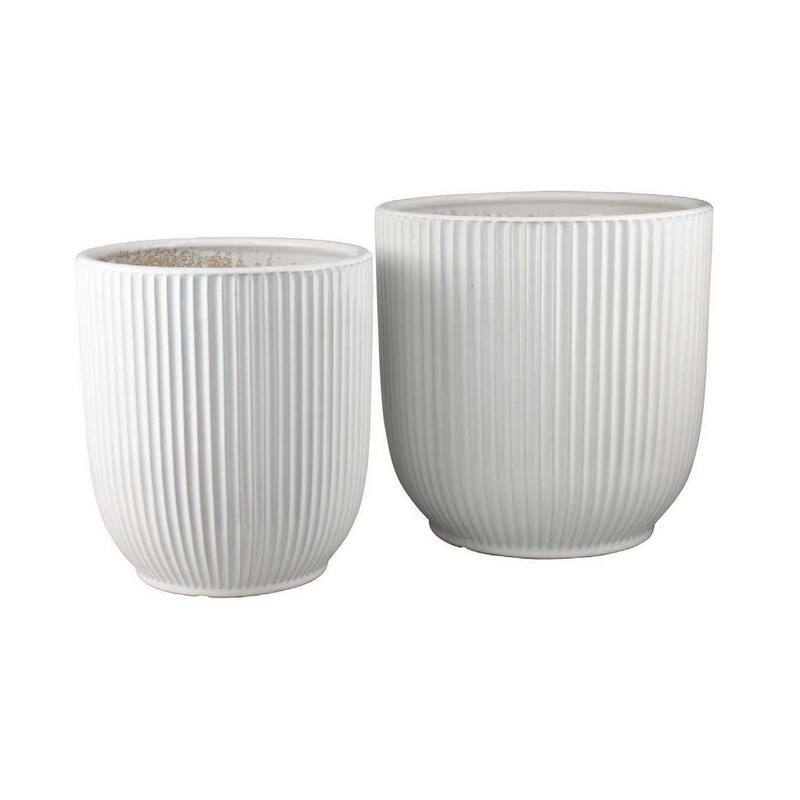 Modern 2-Piece Glossy White Ribbed Ceramic Planter Set with Drainage