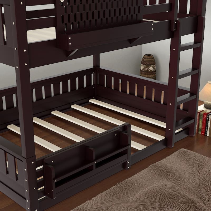 Queen over Queen Bunk Bed with Ladder, Guardrails, Pegboard Storage & Built-In Bookshelf, Solid Wood Frame