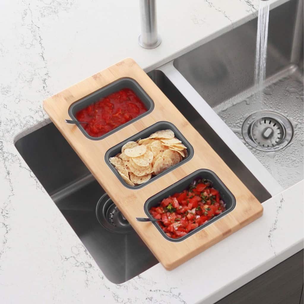 STYLISH 17 inch Workstation Sink Divided Serving Board with 3 Collapsible Containers - 18" x 8.5"