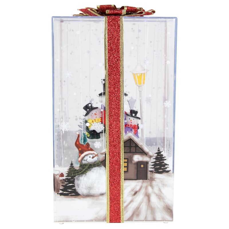 12" Lighted and Musical Snowman Family Snowing Gift Box Christmas Decoration