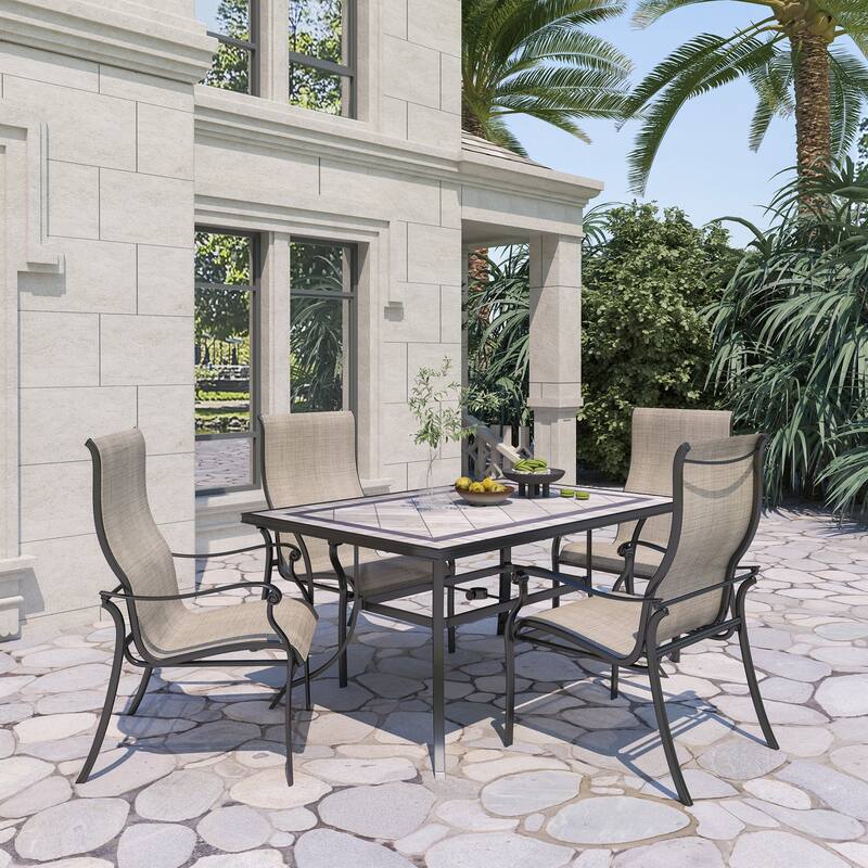 Cast Aluminum 5-Piece Outdoor Patio Dining Set with Ceramic Tile Top Table and Chairs