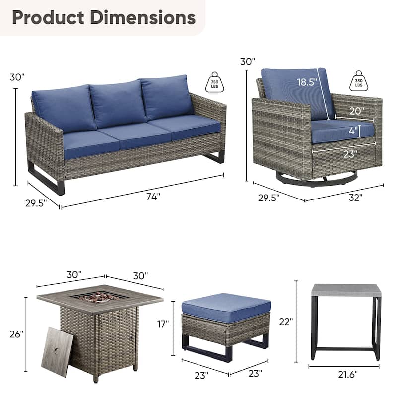 7 Pieces Fire Pit Table with Sofa Swivel Chair Ottoman Set