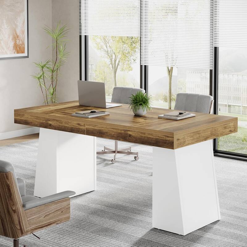 Conference Table, Modern Meeting Table with Thick Tabletop and Trapezoidal Legs - Vintage Brown & White