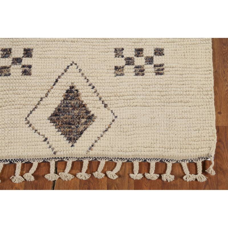 Ivory Geometric Moroccan Modern Accent Rug Handmade Wool Carpet - 2'11"x 5'5"