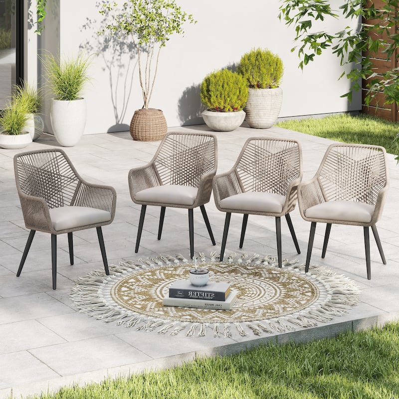 Outdoor Patio Woven Rope Dining Chairs With Armrest and Seat Cushions - 4 Pieces Tan