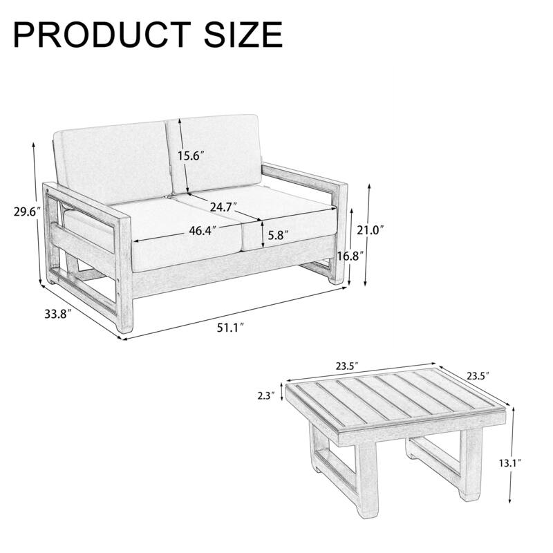 Teak Wood Cushioned Outdoor Patio Loveseat Set with Side Table