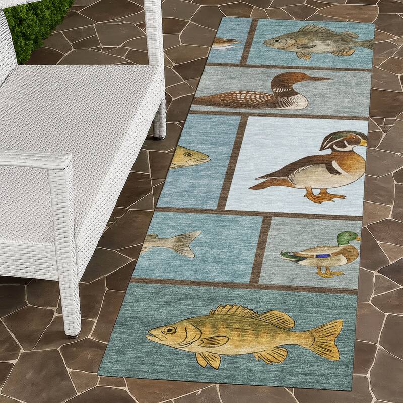 Machine Washable Indoor/ Outdoor Cabin Lodge Chantille Rug - Teal - 2'3" x 7'6"