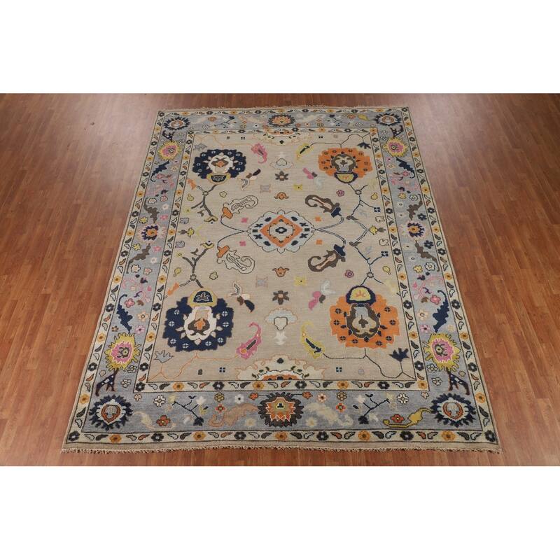 All-Over Floral Beige Oushak Oriental Area Rug Handmade Wool Carpet - 9'1" X 11'9"