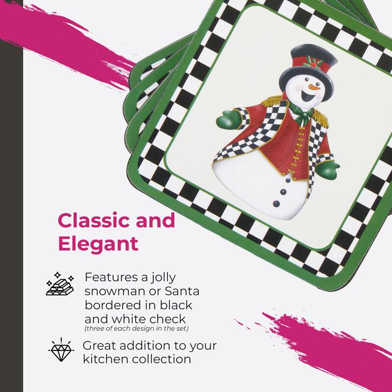 Pimpernel Set of 6 Black and White Christmas Coasters - 4" L x 4" W