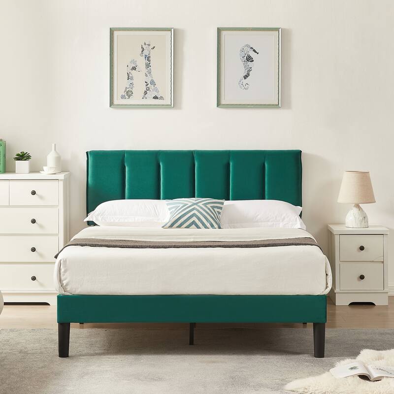 VECELO Tufted Upholstered Platform Bed Frame with Adjustable Height Headboard Twin/Full/Queen Size Beds, Dark Green