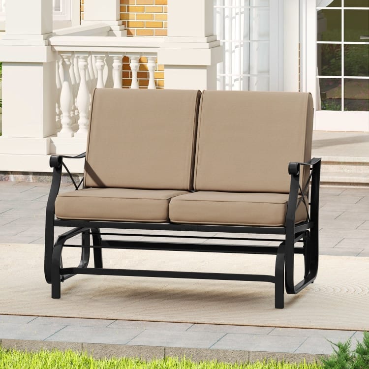 Brown Cushion Black Metal Outdoor Glider Bench 2-Seater Patio Swing - 29" x 47" x 32"