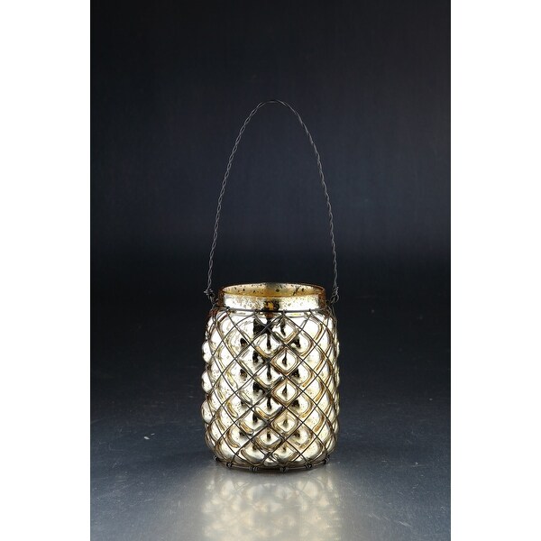 6" Metallic Weathered Hand Blown Glass Votive Candle Holder with Crossed Wire Accent - N/A