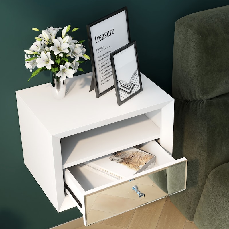 1 Drawer Floating Nightstand with Open Shelf, Wall Mounted Nightstand - Silver