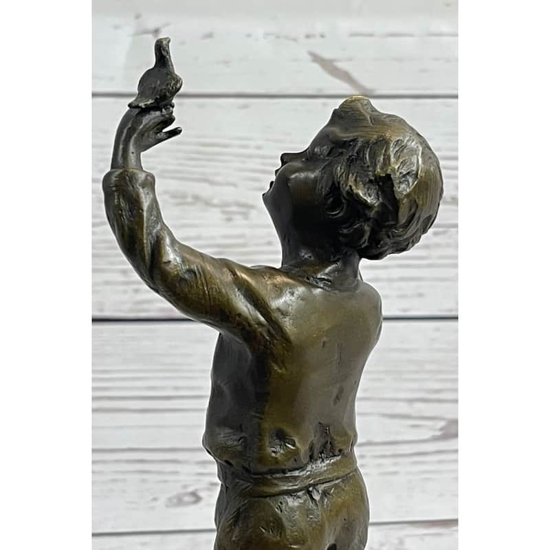 Bronze Sculpture Of A Child Little Boy Holding A Bird - Signed Original Milo Art