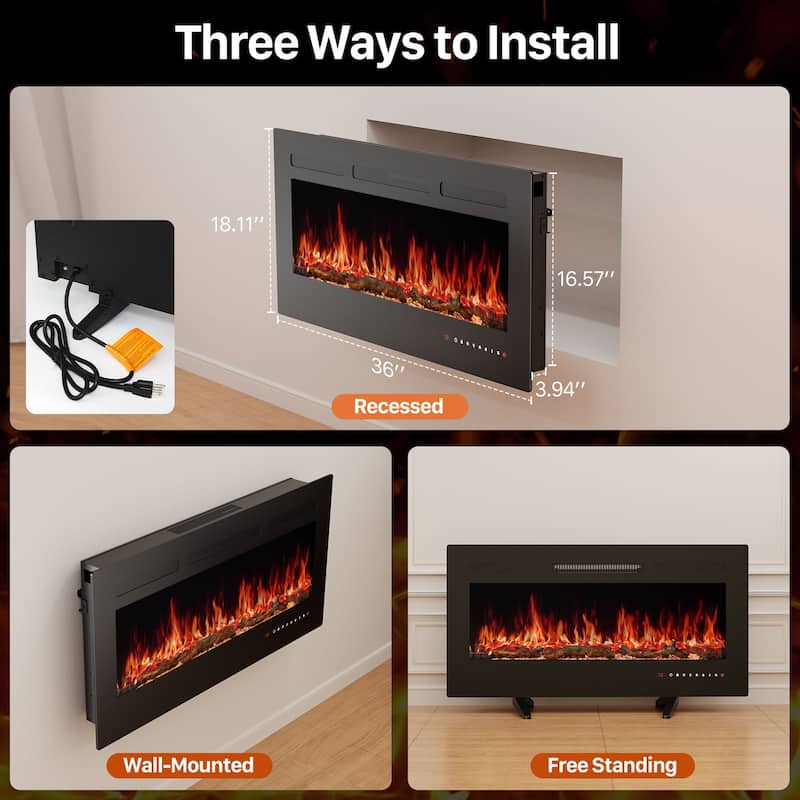 Electric Fireplace Recessed and Wall Mounted Fire Places with Remote Control, Touch Screen