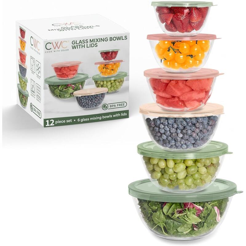 COOK WITH COLOR 12 Pc Glass Nesting Mixing Bowl Set with Lids for Cooking and Prep - Multicolor