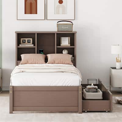 Twin Size Bed W/ Built-in USB Port on Bookcase Headboard,2 Drawers