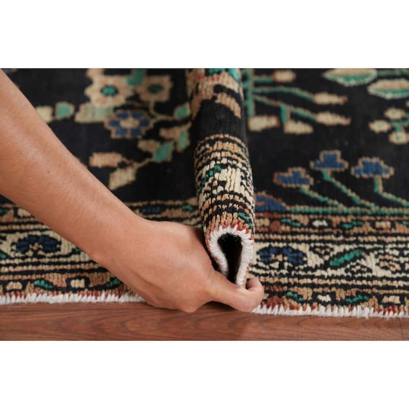 Dark Blue Hamedan Vintage Persian Runner Rug Hand-Knotted Wool Carpet - 3'7" x 10'1"
