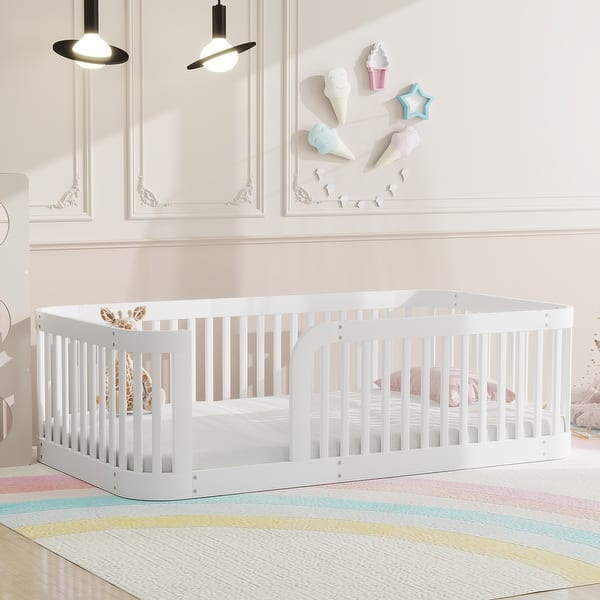 slide 2 of 12, Enchanting Wood Twin Size Floor Bed Frame with Protective Fence by Harper & Bright Designs White
