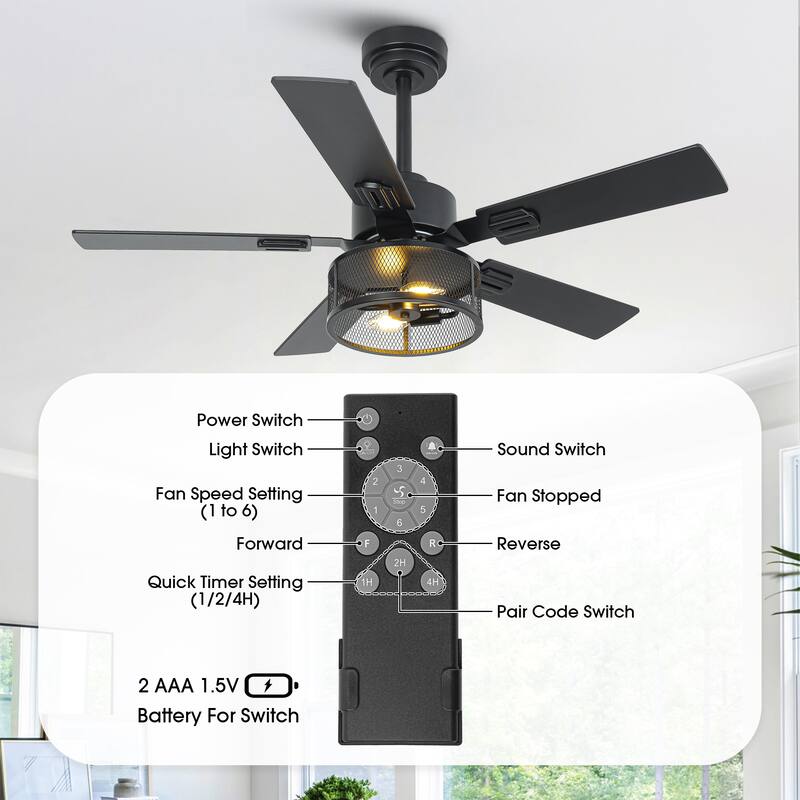 Vaczon 42" Modern Black 5-Blade Smart Ceiling Fan with Light Kit and APP Control