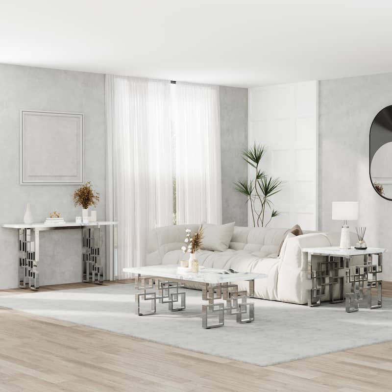 Modern End Table 23 inch Square Living Room Side Table with High Gloss Top and Mirrored Metal Geometric Base