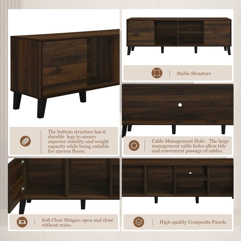 63" Mid Century Modern TV Stand for 70 Inch TVs, Media Console with Cabinets and Open Shelves, Dark Brown TV Console