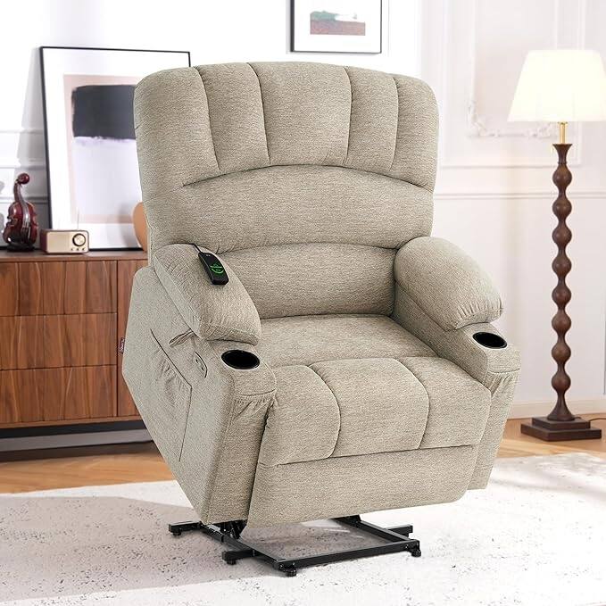 MCombo Power Lift Recliner Chair with Massage and Heat for Big Elderly People, Fabric R7092 (Large-Wide) - Beige