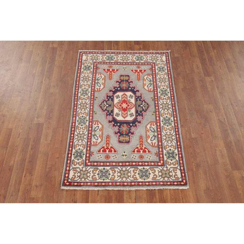 Traditional Grey Kazak Foyer Rug Hand-Knotted Wool Carpet - 3'2" x 4'11"