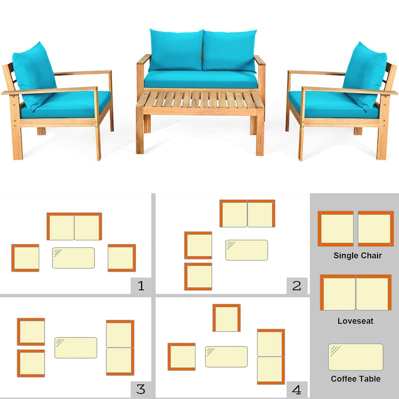 Costway 4PCS Patio Furniture Set Acacia Wood Thick Cushion Loveseat - See details