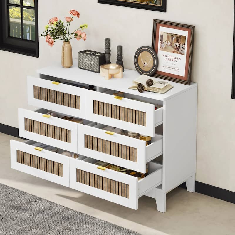 Rustic Farmhouse Style Wooden Dresser Bedroom Storage Cabinet with 6 Drawer Handles, for Bedroom, White