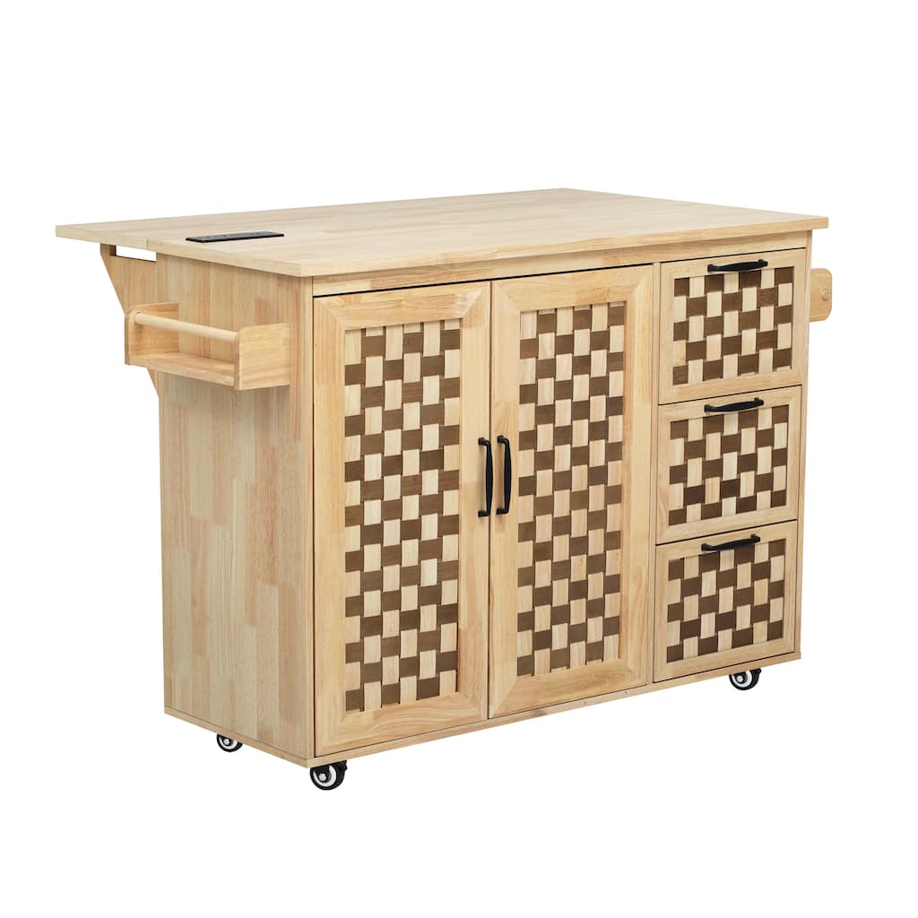 3D Woven Checkerboard Pattern Design Kitchen Island with Drop Leaf,With Internal Storage Rack,Power Outlet - N/A