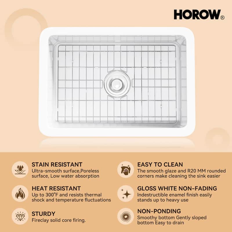 HOROW Undermount Fireclay 27 in. Single Bowl Kitchen Sink, with Grid and Strainer in White