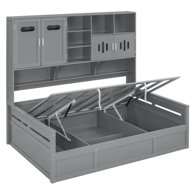 Full Size Bed Frame with All-in-One Bookcase, Full DayBed with Hydraulic Bed, Wood Platform Bed No Box Spring Needed