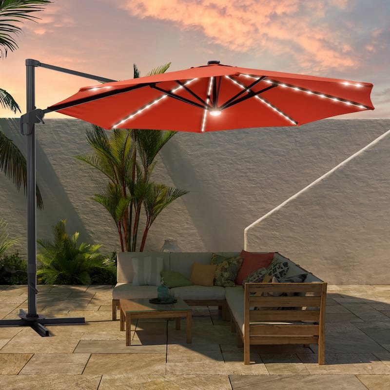 BONOSUKI 11FT LED Cantilever Patio Umbrella Angle Adjustment w/Cross Base - Red