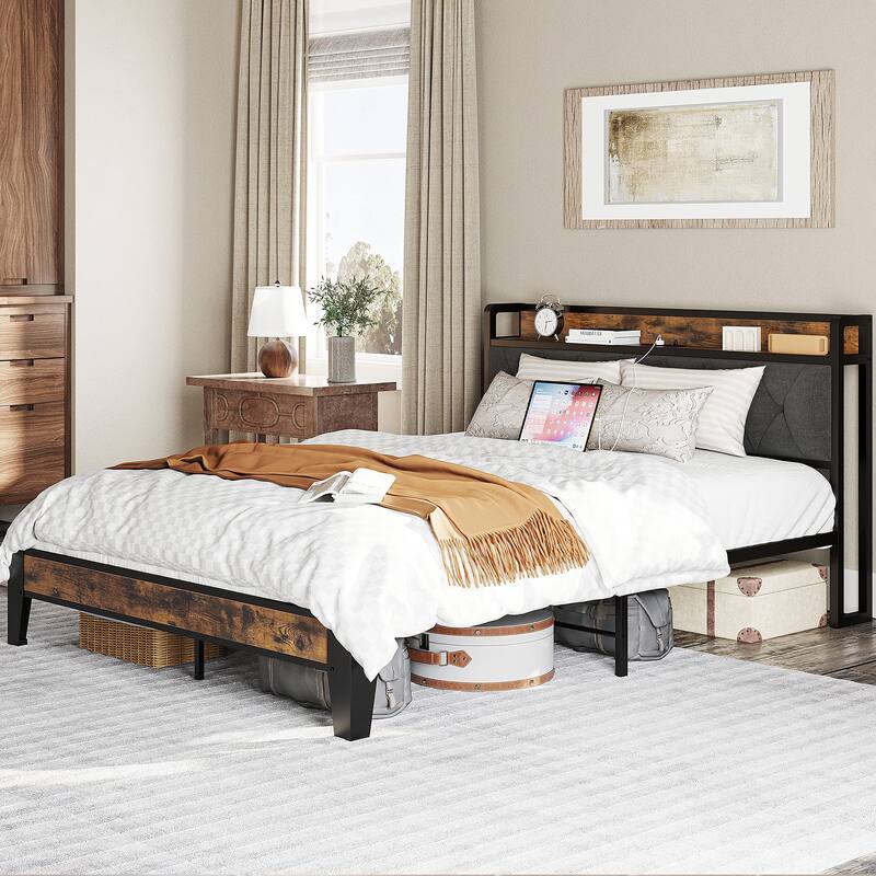 Queen Bed Frame, Storage Headboard with Outlets, Easy to Install, Sturdy and Stable, No Noise, No Box Springs Needed