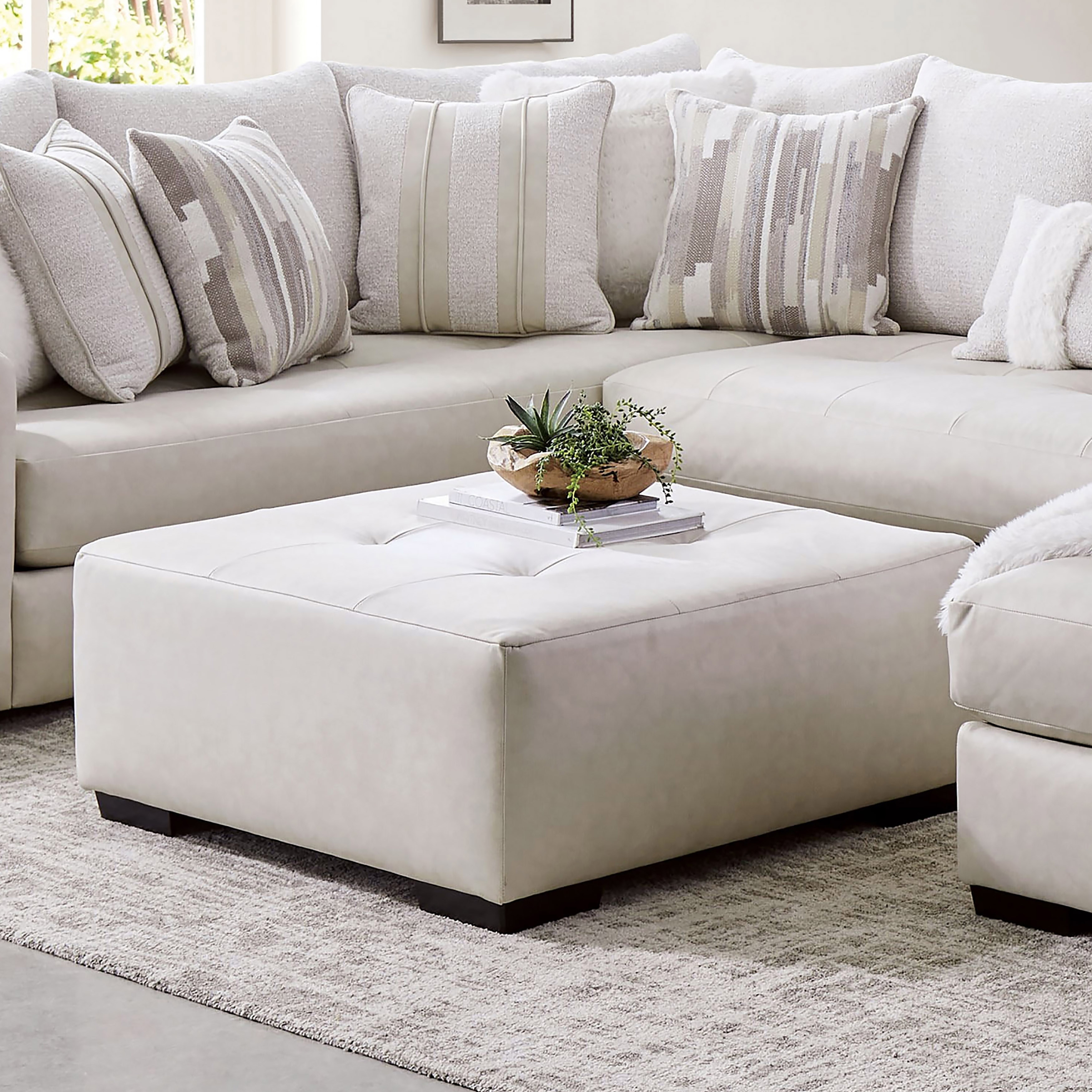 Furniture of America Kedi Transitional Ivory Faux Leather Button Tufted Ottoman