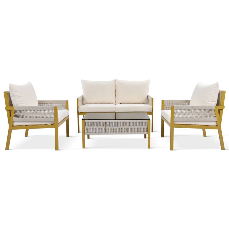 4-Piece Patio Furniture Set, Outdoor Garden Conversation Set with Tempered Glass Table, Deep Seating and Thick Cushion