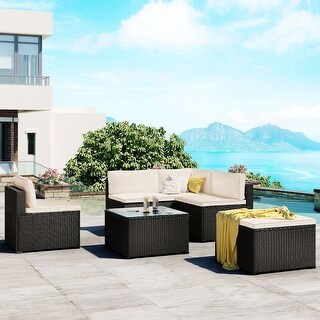 6-Piece Outdoor Furniture Set with PE Rattan Wicker, Patio Garden Sectional Sofa Chair, removable cushions