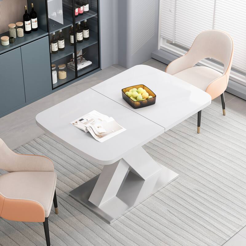 Modern Square Dining Table, Stretchable, with X-Shape Table Leg with Metal Base