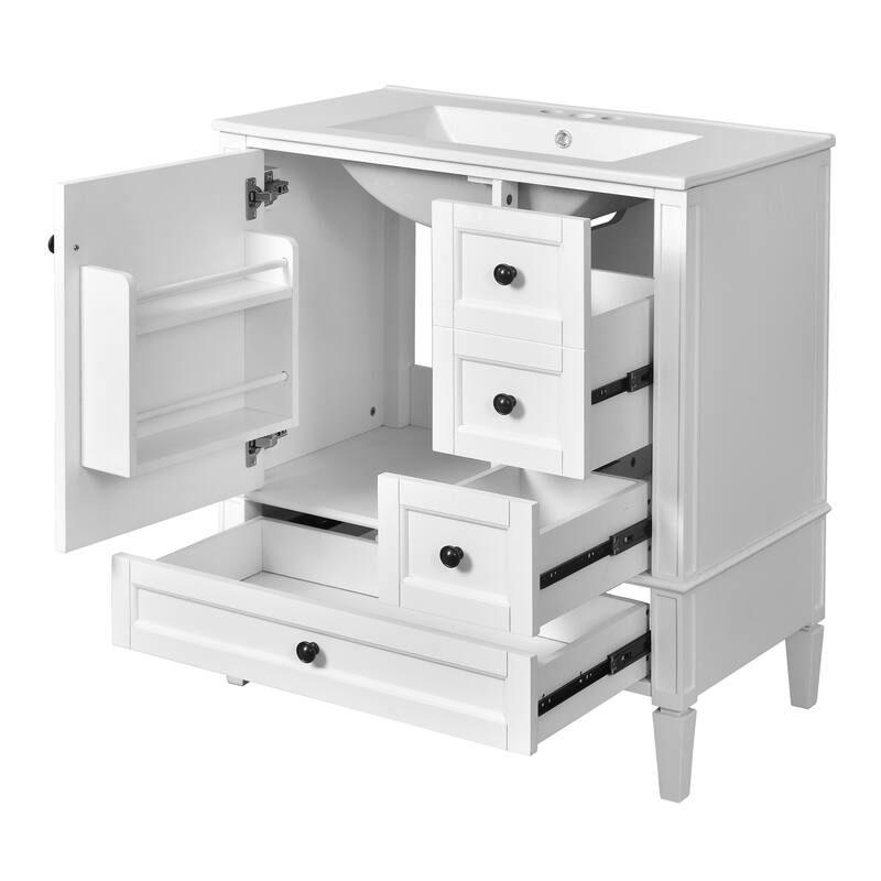 Bathroom Vanity with Ceramic Sink, Bathroom Cabinet with Soft Closing Doors, Vanity Set with 2-Tier Storage Rack and 3 Drawers