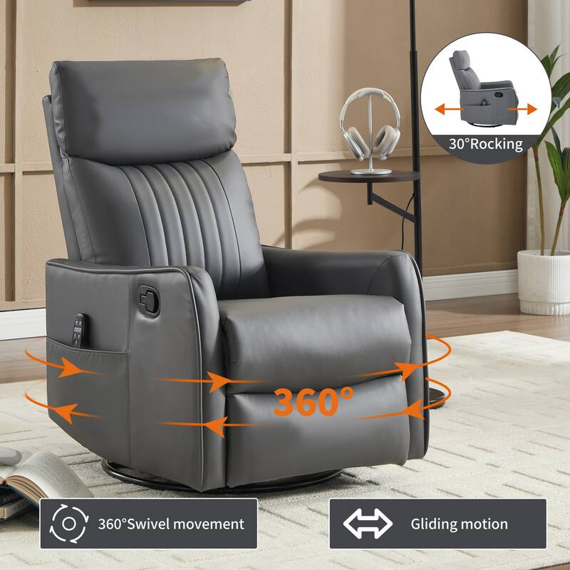 Roomfitters Swivel Rocker Recliner Chair, Manual Faux Leather Massage Armchair with Heat and Glider Motion, Living Room