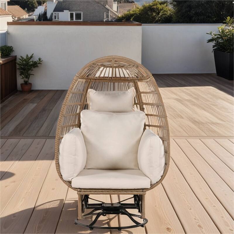 Rattan Swivel Egg Patio Chair with Rocking Function and Cushions - Natural+Beige