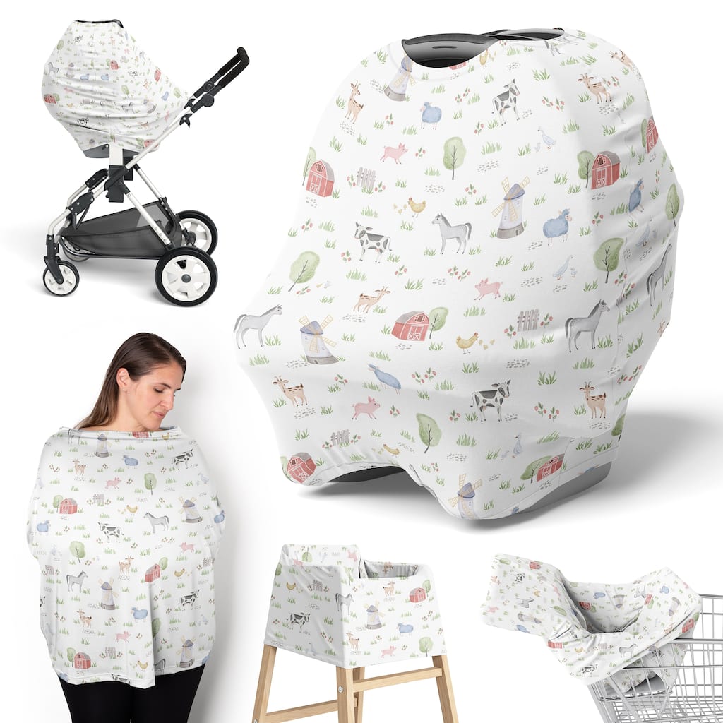 Sweet Jojo Designs Farm Animals Boy Girl 5 in 1 Baby Car Seat Nursing Cover Grey Red Black White Gender Netural Watercolor Barn