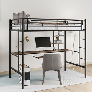 Twin/Full Size Metal Loft Bed w/Desk, Shelves & 2 Built-in Ladders, Sturdy Metal Twin/Full Bedframe w/Safety Guardrails for Kids