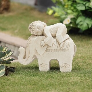 Beige MgO Buddha Monk and Elephant Statue