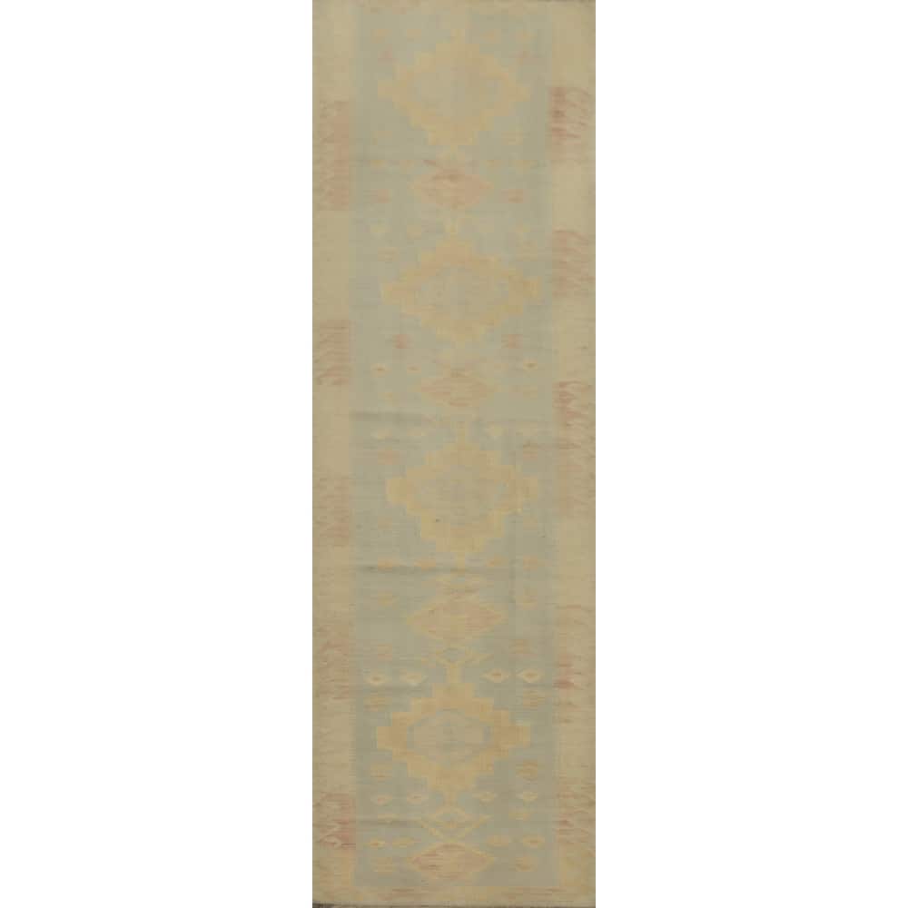 Hand Woven Oriental 100% Wool Carpet Southwestern Tribal Navy Blue & Blues Kilim Runner Rug - 12' 0'' X 2' 8''