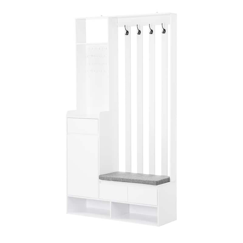 Roomfitters Modern Hall Tree with Storage Bench, Multifunctional Mudroom Cabinet with Pegboard and 4 Hooks